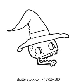 freehand drawn black and white cartoon skulll wearing witch hat