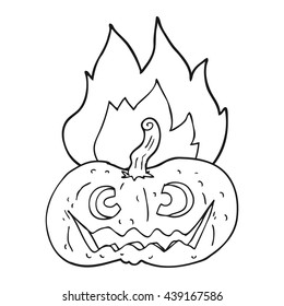 freehand drawn black and white cartoon flaming halloween pumpkin