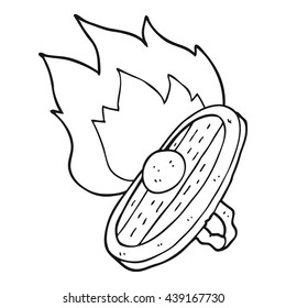 freehand drawn black and white cartoon shield burning
