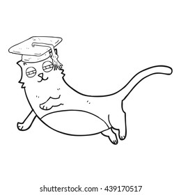 freehand drawn black and white cartoon cat with graduate cap