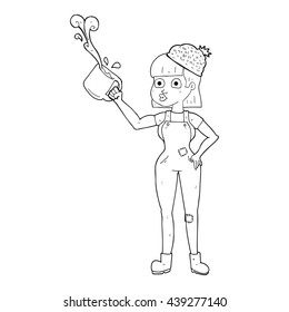 freehand drawn black and white cartoon female worker with coffee mug