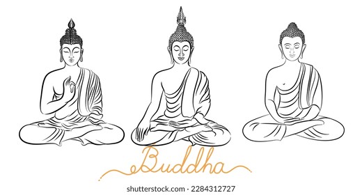 Freehand Drawn Buddha in Various Serene Poses, Rendered in Doodle-Style Drawing with Outlines and Fine Lines to Convey Spiritual and Meditative Qualities.