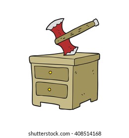 freehand drawn cartoon axe buried in chest of drawers