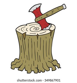 freehand drawn cartoon axe in tree stump