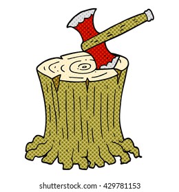 freehand drawn cartoon axe in tree stump