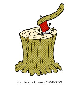 freehand drawn cartoon axe in tree stump