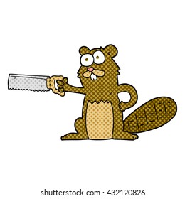 freehand drawn cartoon beaver with saw
