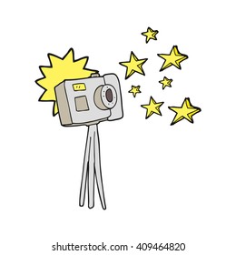 freehand drawn cartoon camera on tripod with flash