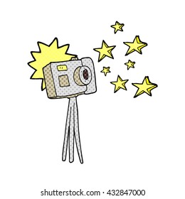 freehand drawn cartoon camera on tripod with flash
