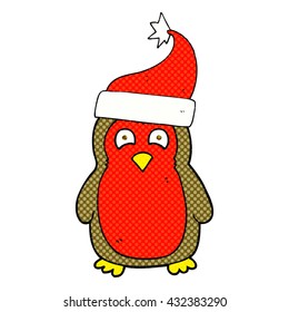 freehand drawn cartoon christmas robin wearing christmas hat
