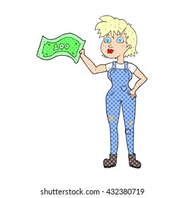 freehand drawn cartoon confident farmer woman with money