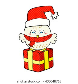 freehand drawn cartoon cute christmas owl on wrapped present