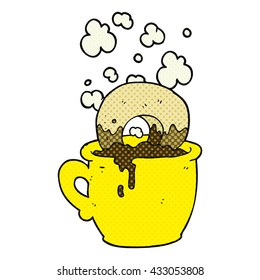 freehand drawn cartoon donut dunked in coffee