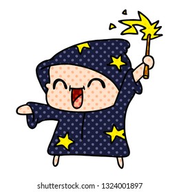 freehand drawn cartoon of a happy little wizard