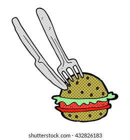freehand drawn cartoon knife and fork cutting burger