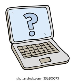 freehand drawn cartoon laptop computer with question mark