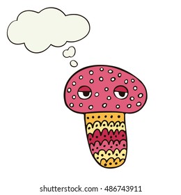 Freehand drawn cartoon mushroom with speech bubble. Funny character. 