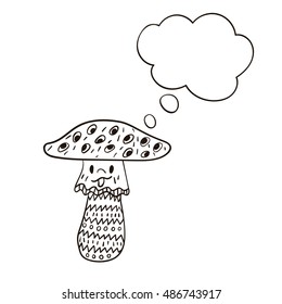 Freehand drawn cartoon mushroom with speech bubble. Funny character. 