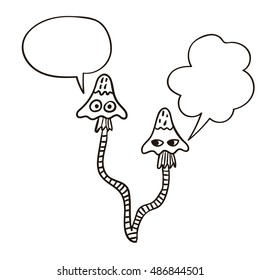 Freehand drawn cartoon mushroom with speech bubble. Funny character. 