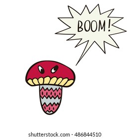 Freehand drawn cartoon mushroom with speech bubble. Funny character. 