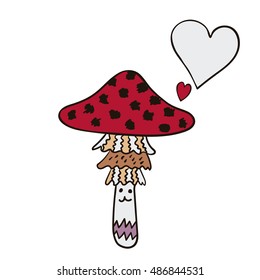 Freehand drawn cartoon mushroom with speech bubble. Funny character. 