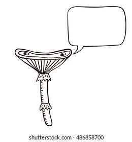 Freehand drawn cartoon mushroom with speech bubble. Funny character. 