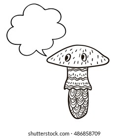 Freehand drawn cartoon mushroom with speech bubble. Funny character. 