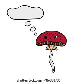 Freehand drawn cartoon mushroom with speech bubble. Funny character. 