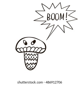 Freehand drawn cartoon mushroom with speech bubble. Funny character. 