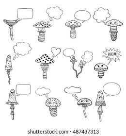 Freehand drawn cartoon mushrooms set with speech bubbles. Funny characters. Doodle smiles and emotions.