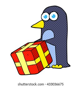 freehand drawn cartoon penguin with christmas present