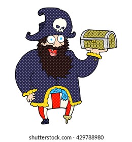 freehand drawn cartoon pirate captain with treasure chest