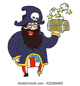 freehand drawn cartoon pirate captain with treasure chest