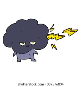 freehand drawn cartoon raincloud character shooting lightning