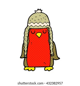 freehand drawn cartoon robin wearing winter hat