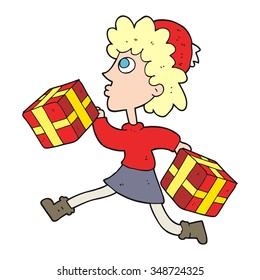 freehand drawn cartoon running woman with presents