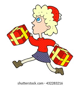 freehand drawn cartoon running woman with presents