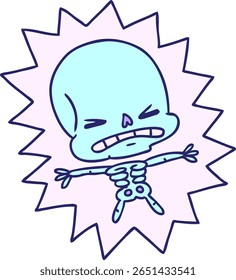 freehand drawn cartoon of a scary skeleton  in bright neon color