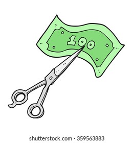 Cartoon-Schere in freehand, die Geld schneidet