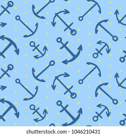 Freehand drawn cartoon sea ocean river ship anchors made in kid childish style on blue background with polka dots. Vector seamless pattern.