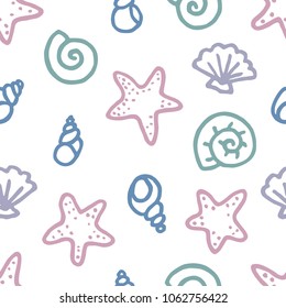 Freehand drawn cartoon sea ocean starfishes river shells of different shapes colors in kid childish style on white background. Marine oceanic water summer pattern. Vector seamless pattern.

