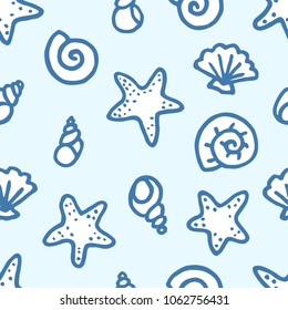 Freehand drawn cartoon sea ocean starfishes river shells of different shapes in kid childish style on light blue background. Marine oceanic water summer pattern. Vector seamless pattern.