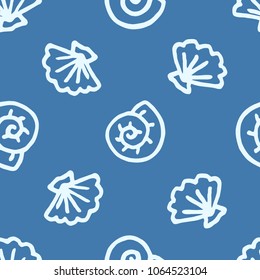 Freehand drawn cartoon sea ocean river shells of different shapes in kid childish style on dark blue background. Marine oceanic river water pattern. Vector seamless pattern.