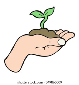 freehand drawn cartoon seedling growing held in hand