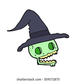 freehand drawn cartoon skulll wearing witch hat