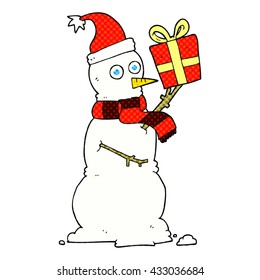 freehand drawn cartoon snowman holding present