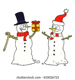 freehand drawn cartoon snowmen exchanging gifts
