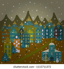 Freehand drawn cartoon style. Colorful cute outdoors landscape. Rural community on neutral, brown and blue colors. Vector village countryside scene background. Among hills.
