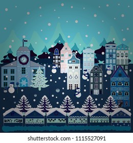 Freehand drawn cartoon style. Rural community on blue, neutral and white colors. Colorful cute outdoors landscape. Among hills. Vector village countryside scene background.