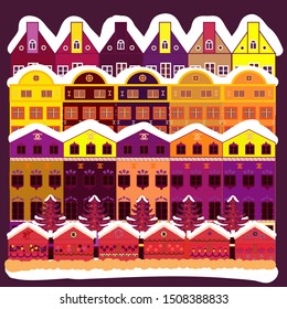 Freehand drawn cartoon style. Vector village countryside scene background. Among hills. Colorful cute outdoors landscape. Rural community on white, purple and orange colors.